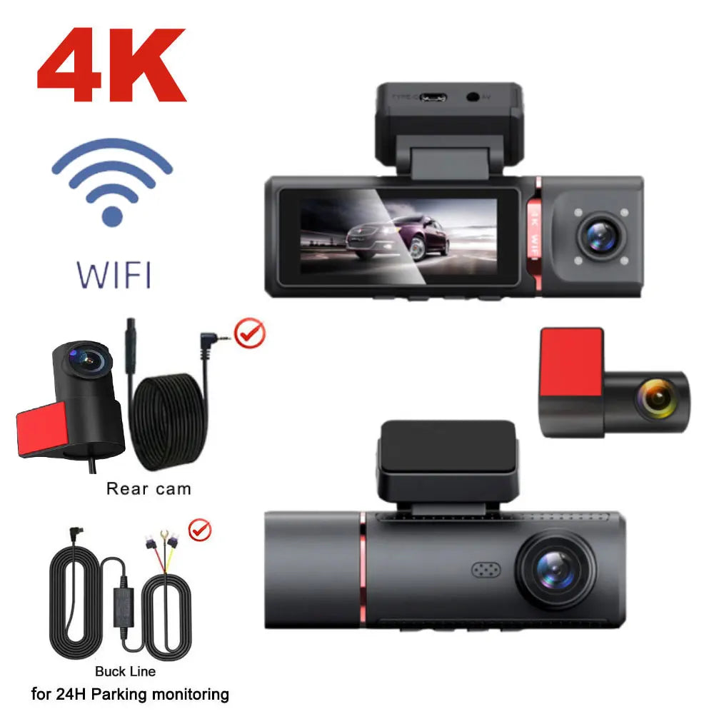 3 Channel Car DVR UHD 4K 3-Lens Inside Vehicle Dash Cam Three Way Camera DVRs Recorder Video Registrator GPS Dashcam Camcorder