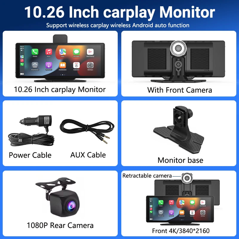 10.26、11.26inch IPS touchscreen multimedia video player, portable dashcam with wireless CarPlay/Android Auto dual-lens design.