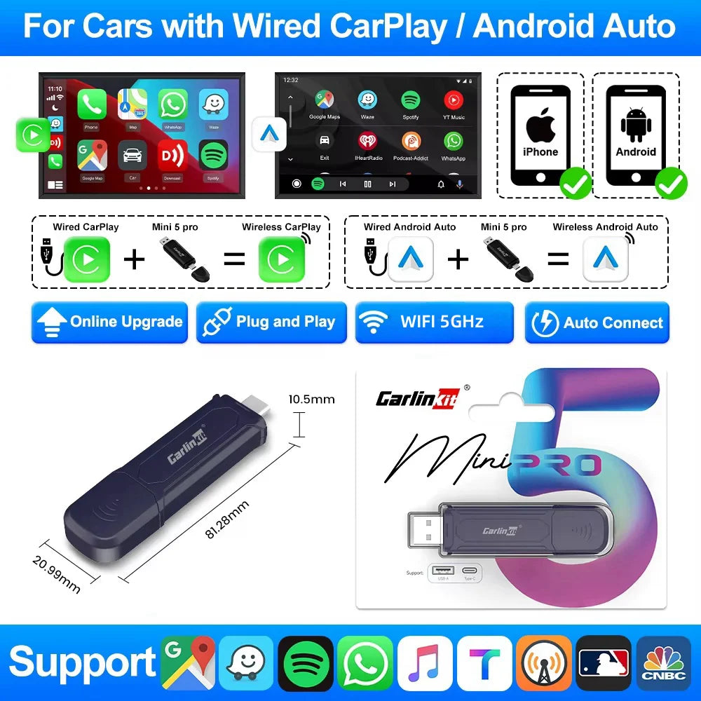 CarlinKit 5.0 Wireless CarPlay Android Auto Adapter 3 in 1 Wireless Car Adapter for Mazda Toyotal Peugeot Volvo Kia Spotify