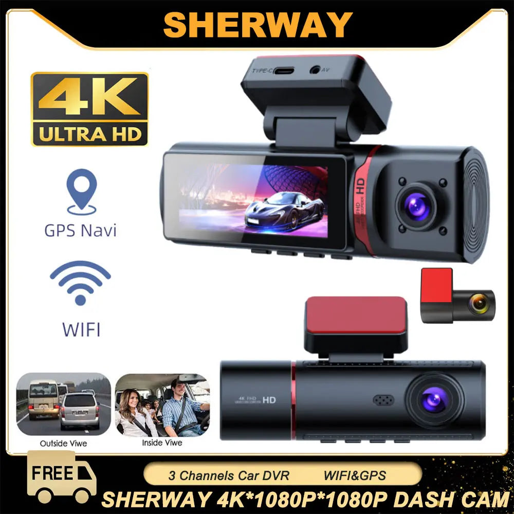 3 Channel Car DVR UHD 4K 3-Lens Inside Vehicle Dash Cam Three Way Camera DVRs Recorder Video Registrator GPS Dashcam Camcorder