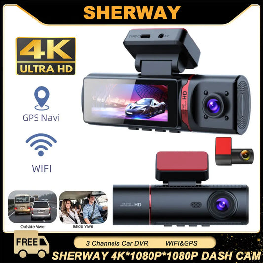 3 Channel Car DVR UHD 4K 3-Lens Inside Vehicle Dash Cam Three Way Camera DVRs Recorder Video Registrator GPS Dashcam Camcorder