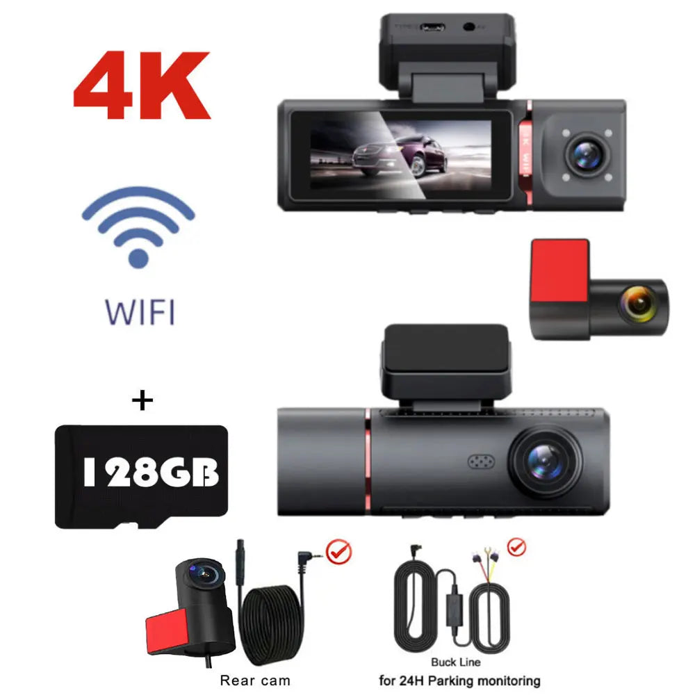 3 Channel Car DVR UHD 4K 3-Lens Inside Vehicle Dash Cam Three Way Camera DVRs Recorder Video Registrator GPS Dashcam Camcorder
