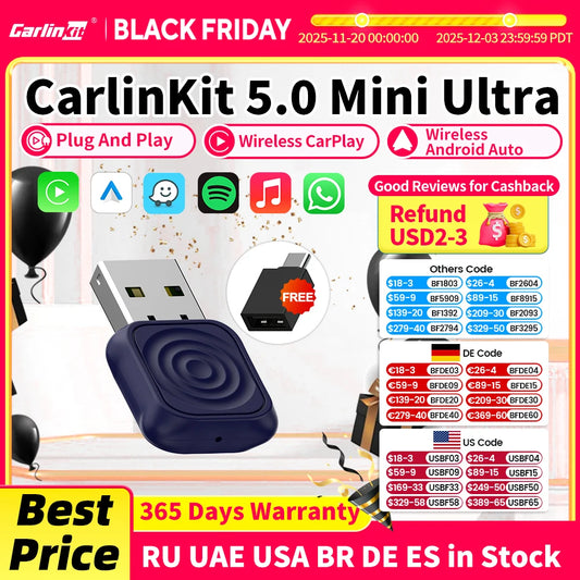 CarlinKit 5.0 Wireless Adapter Mini Ultra Wireless Android Auto & CarPlay USB Dongle For Car Upgrade WiFi Bluetooth Auto Connect