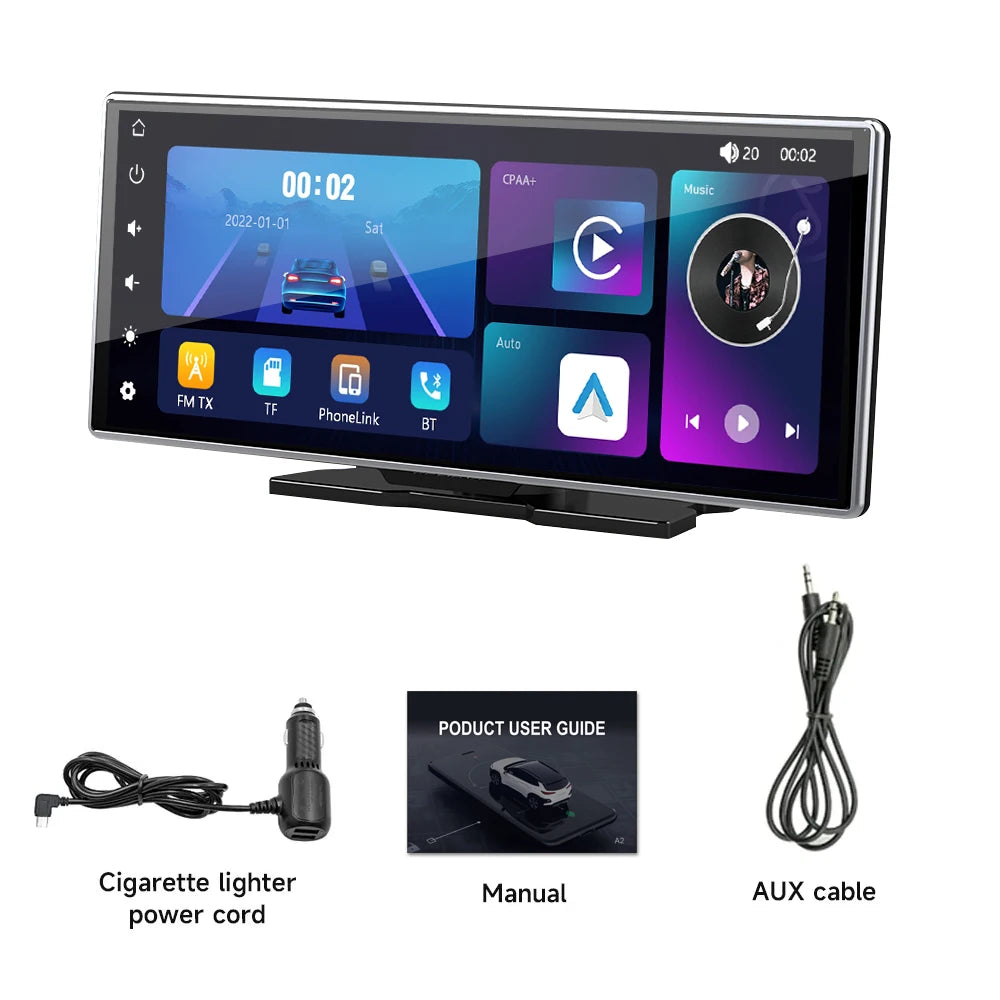 10.26、11.26inch IPS touchscreen multimedia video player, portable dashcam with wireless CarPlay/Android Auto dual-lens design.