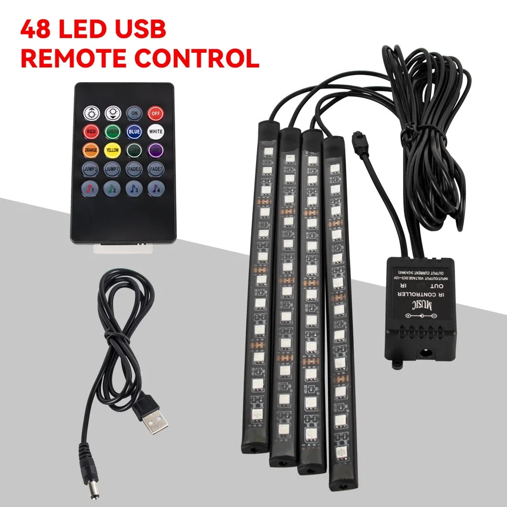 Neon 36 48 72 LED Car Interior Ambient Foot Light Wireless Remote Music APP Control Auto RGB Atmosphere Decorative Lamp