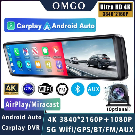 11.26" 4K 2160P Car Dvr Carplay Android Auto Dash Cam GPS WIFI BT FM Stream Rear View Mirror Dashcam Dvrs Camera Drive Recorder