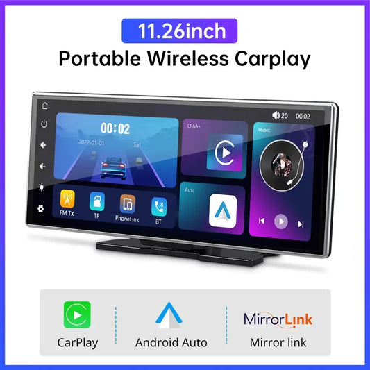 10.26、11.26inch IPS touchscreen multimedia video player, portable dashcam with wireless CarPlay/Android Auto dual-lens design.