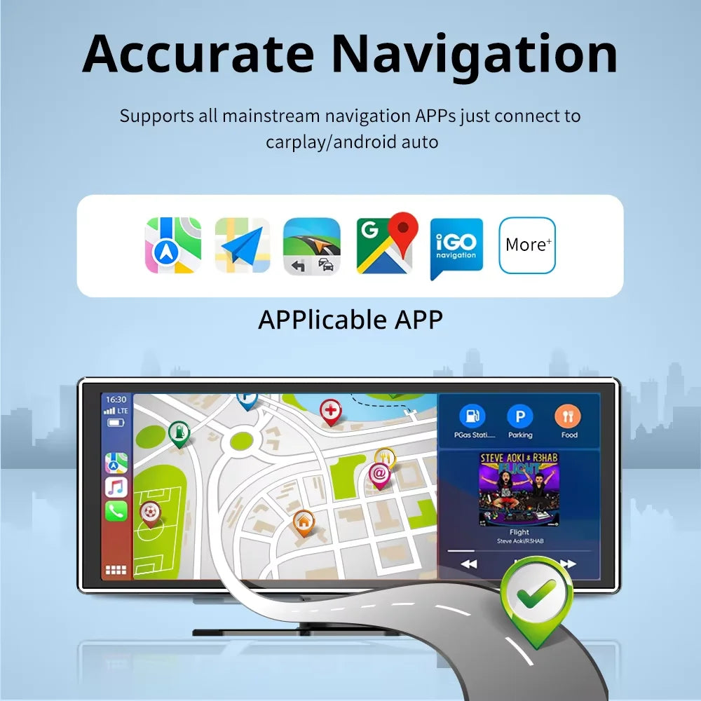 10.26、11.26inch IPS touchscreen multimedia video player, portable dashcam with wireless CarPlay/Android Auto dual-lens design.