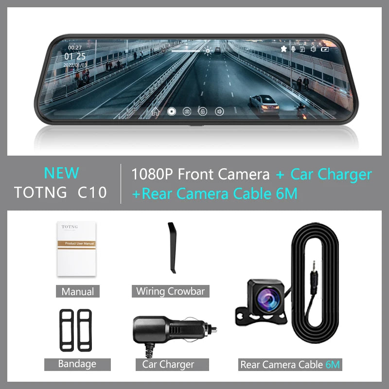 10-inch for Car Touch Screen Video Recorder Rearview mirror Dash Cam Front and Rear Camera Mirror DVR （Rear camera optional）