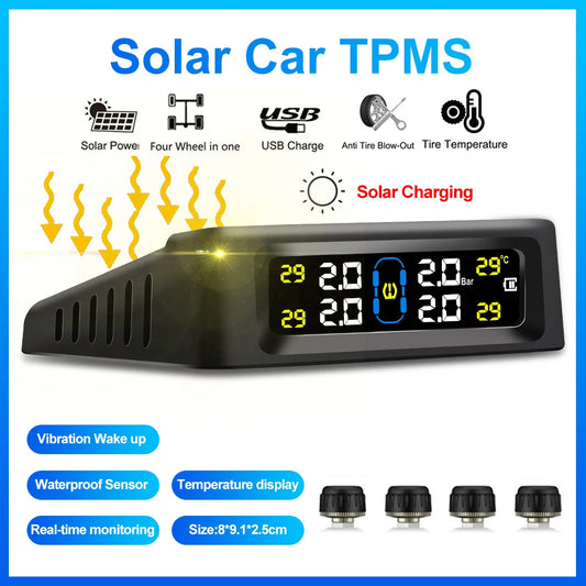 Solar Power TPMS Car Tire Pressure Alarm Monitor Intelligent Auto Security Alarm Digital Tyre Pressure Temperature Warning