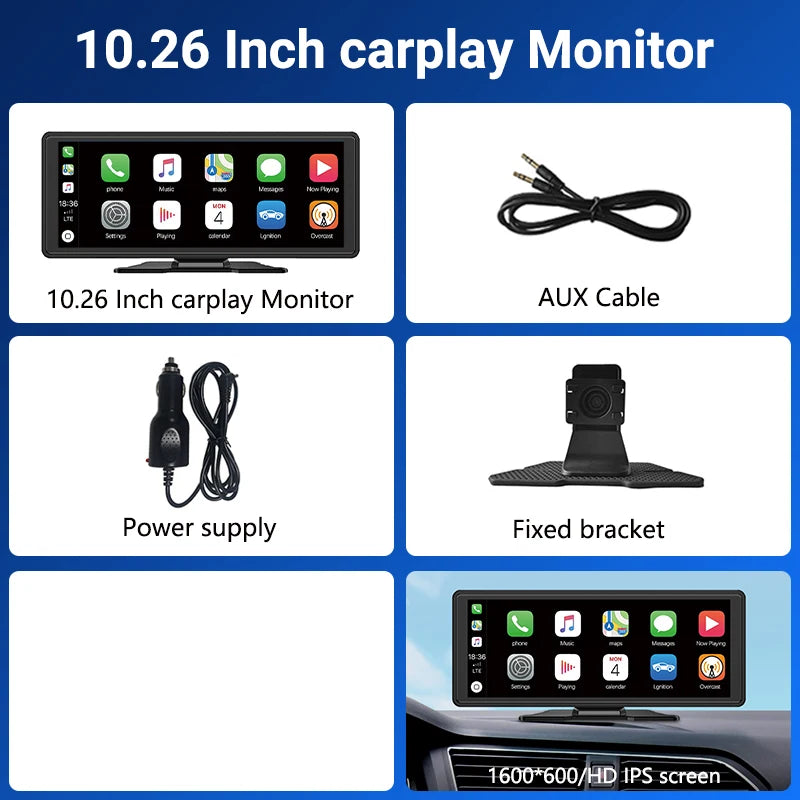 10.26、11.26inch IPS touchscreen multimedia video player, portable dashcam with wireless CarPlay/Android Auto dual-lens design.