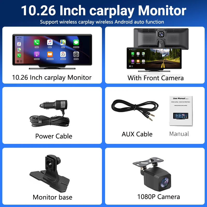 10.26、11.26inch IPS touchscreen multimedia video player, portable dashcam with wireless CarPlay/Android Auto dual-lens design.