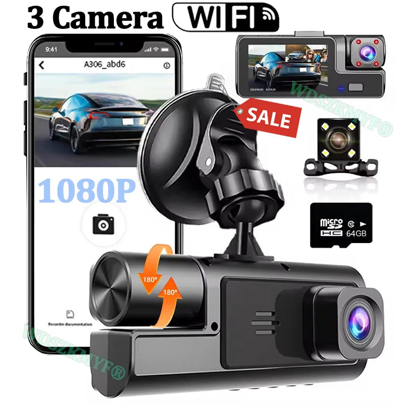 3Camera Dash Cam For Car Camera 1080P Video Recorder WIFI Car DVR 2lens Front Rear View Camera Night Vision Car Accessories