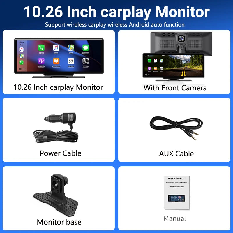 10.26、11.26inch IPS touchscreen multimedia video player, portable dashcam with wireless CarPlay/Android Auto dual-lens design.