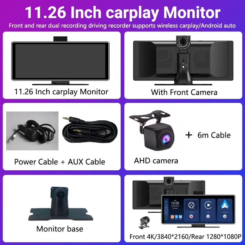10.26、11.26inch IPS touchscreen multimedia video player, portable dashcam with wireless CarPlay/Android Auto dual-lens design.