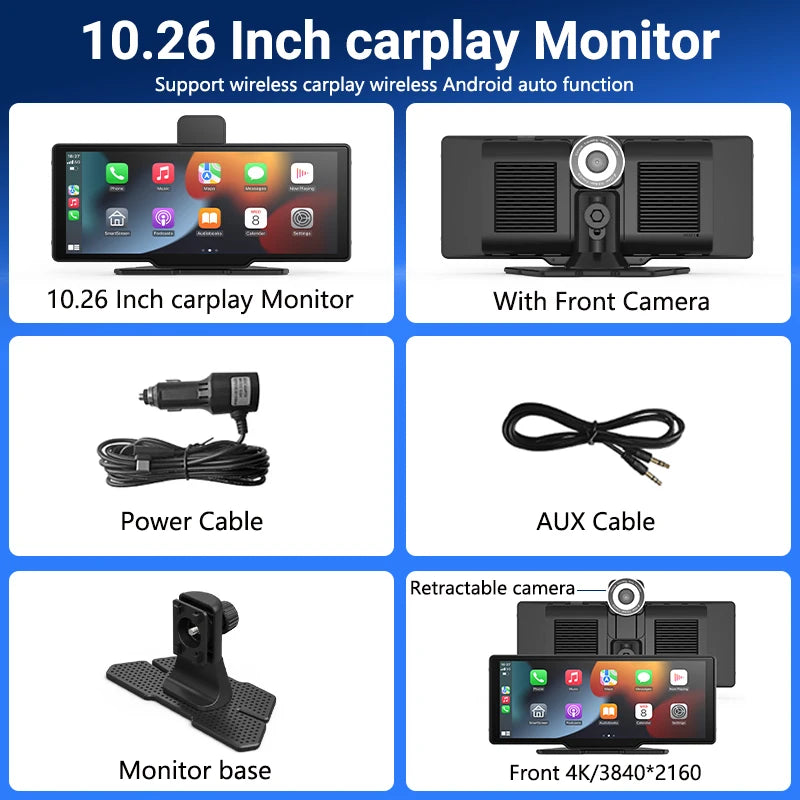 10.26、11.26inch IPS touchscreen multimedia video player, portable dashcam with wireless CarPlay/Android Auto dual-lens design.