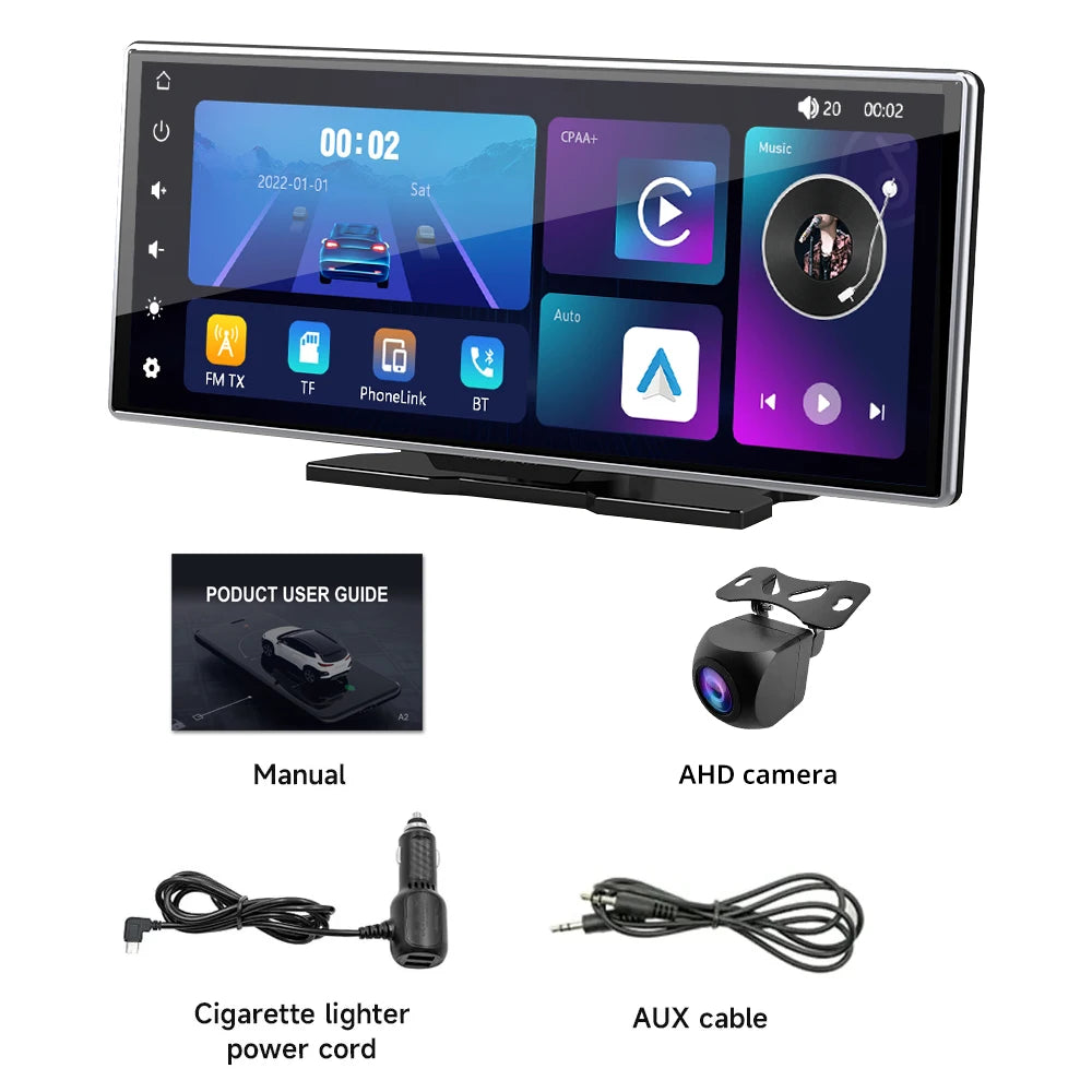 10.26、11.26inch IPS touchscreen multimedia video player, portable dashcam with wireless CarPlay/Android Auto dual-lens design.