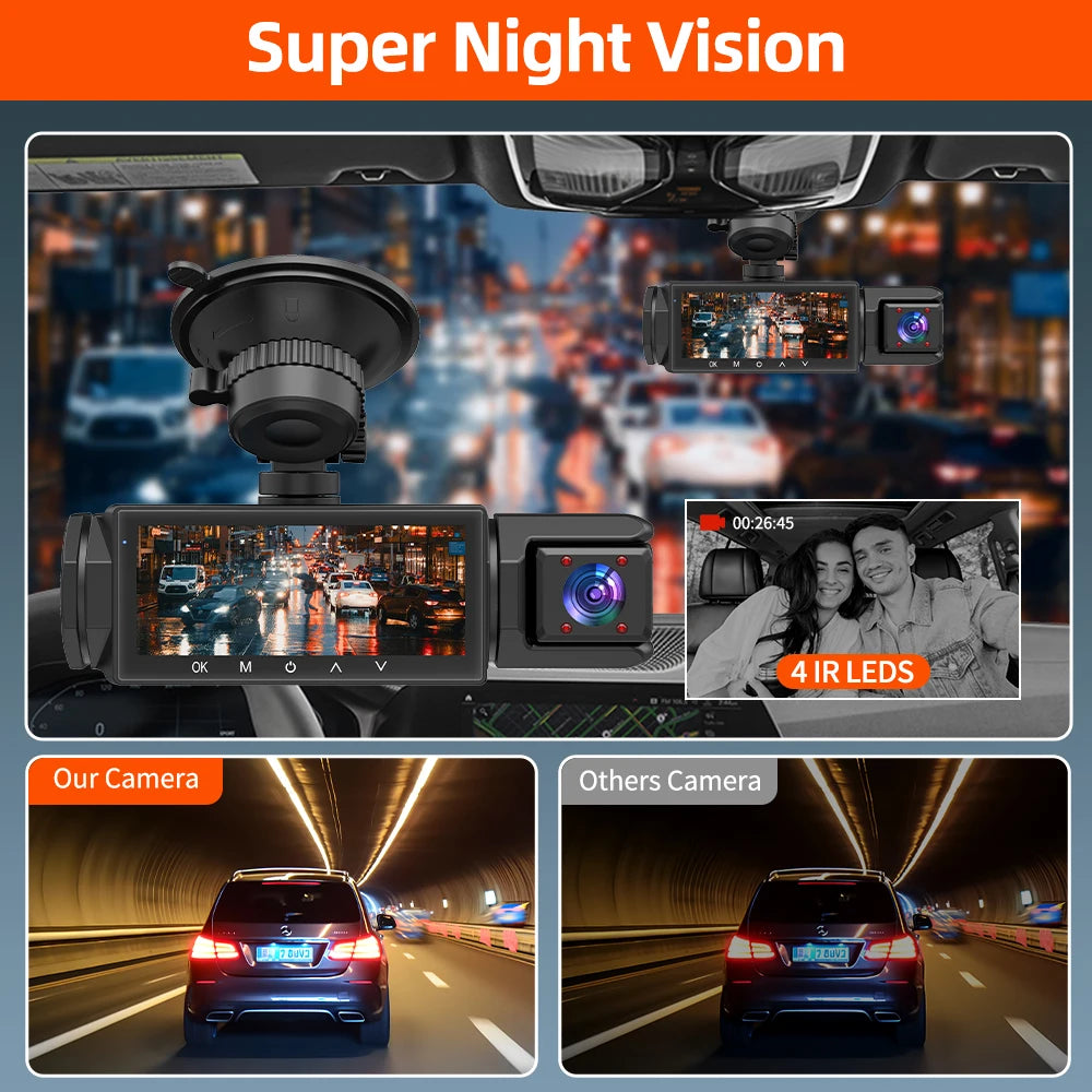 3 Cameraes Dash Cam 1080P Front and rear view camera Night Vision Parking Monit Car DVR 3way Car Video Recorder With Gift