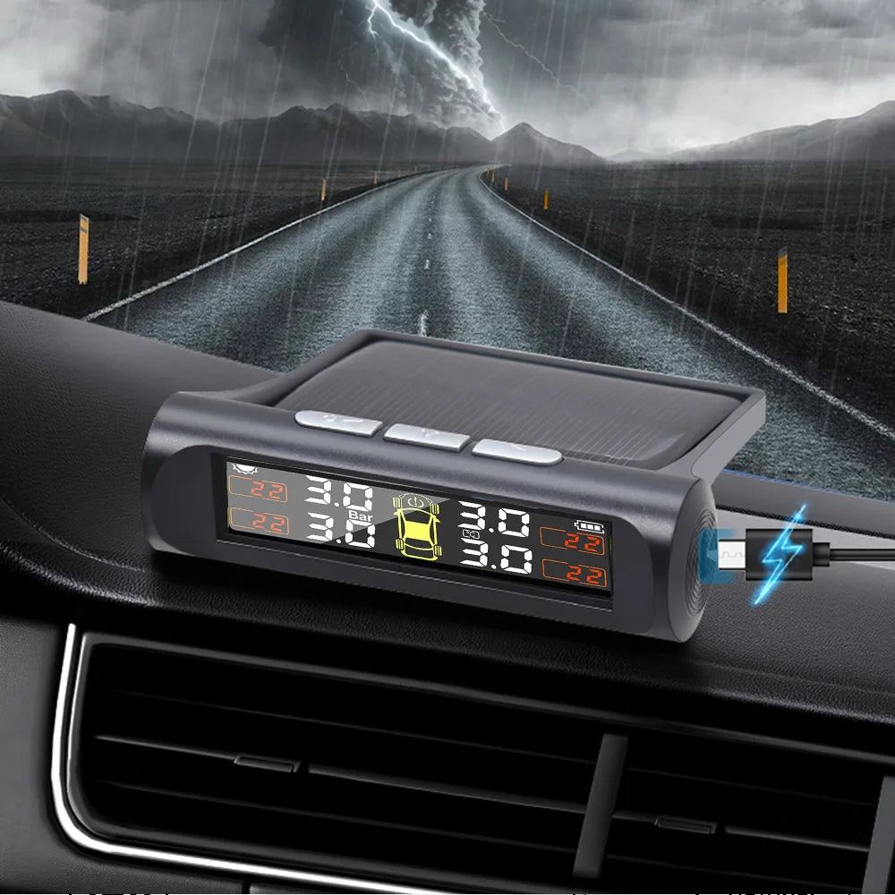 TPMS Solar Tire Pressure Sensor Car Tire Pressure Monitoring System with 4 Wheel Internal External Sensors TMPS