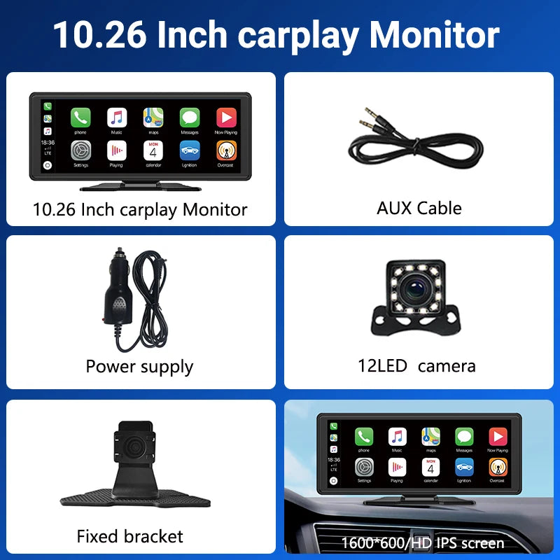 10.26、11.26inch IPS touchscreen multimedia video player, portable dashcam with wireless CarPlay/Android Auto dual-lens design.